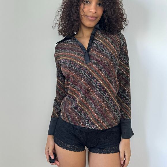 Vintage Italian Sparkly Textured Collared Top with Satin Trim (M) - Picture 5 of 7